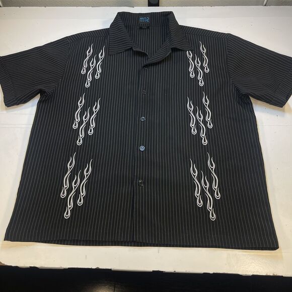 MT:2 VINTAGE 1990s Y2K Mens XL SHIRT PIN STRIPE FLAMED BOWLING - Picture 2 of 4